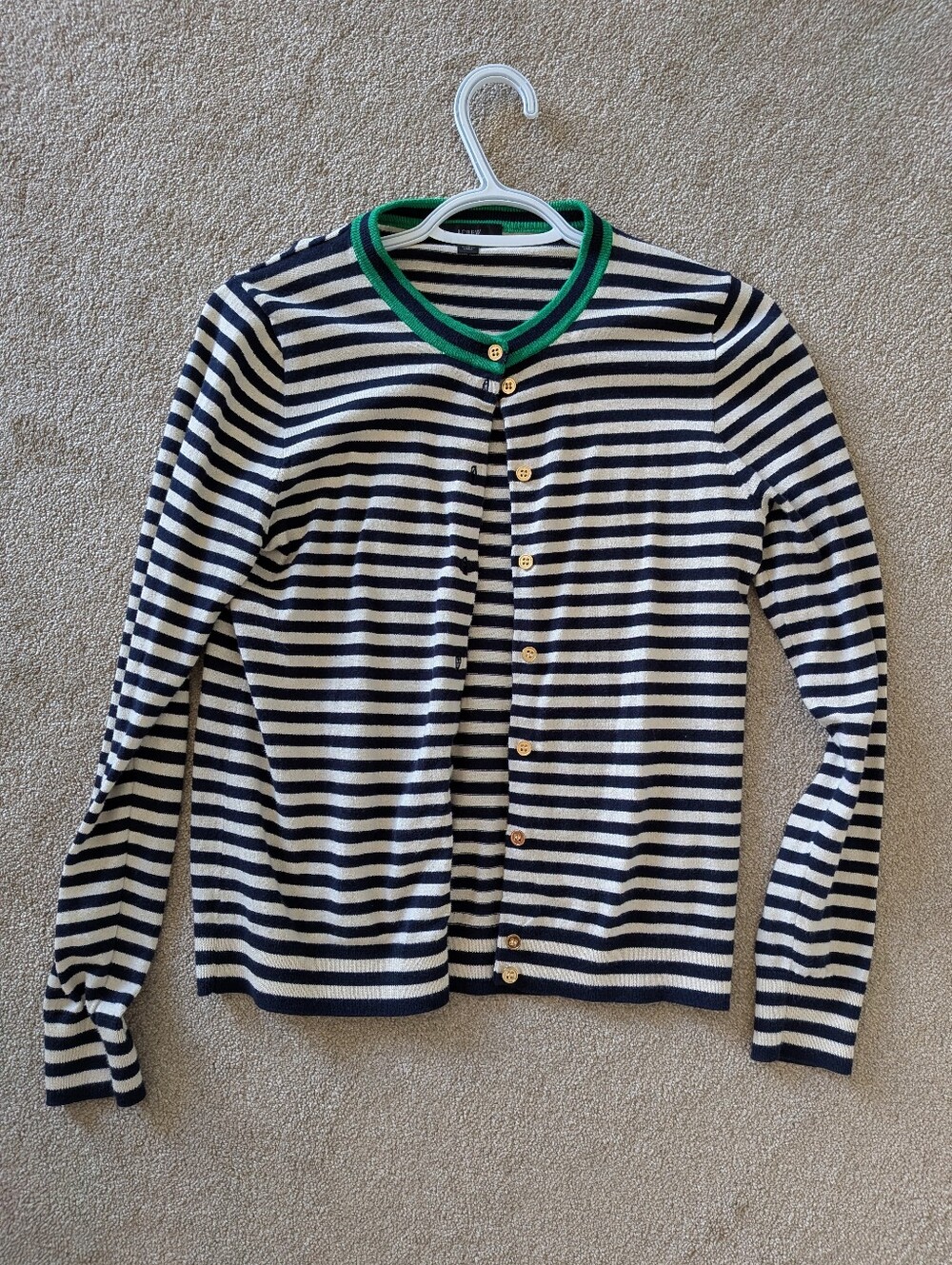 J. Crew Navy and Off-white Striped Sweater with Green Trim